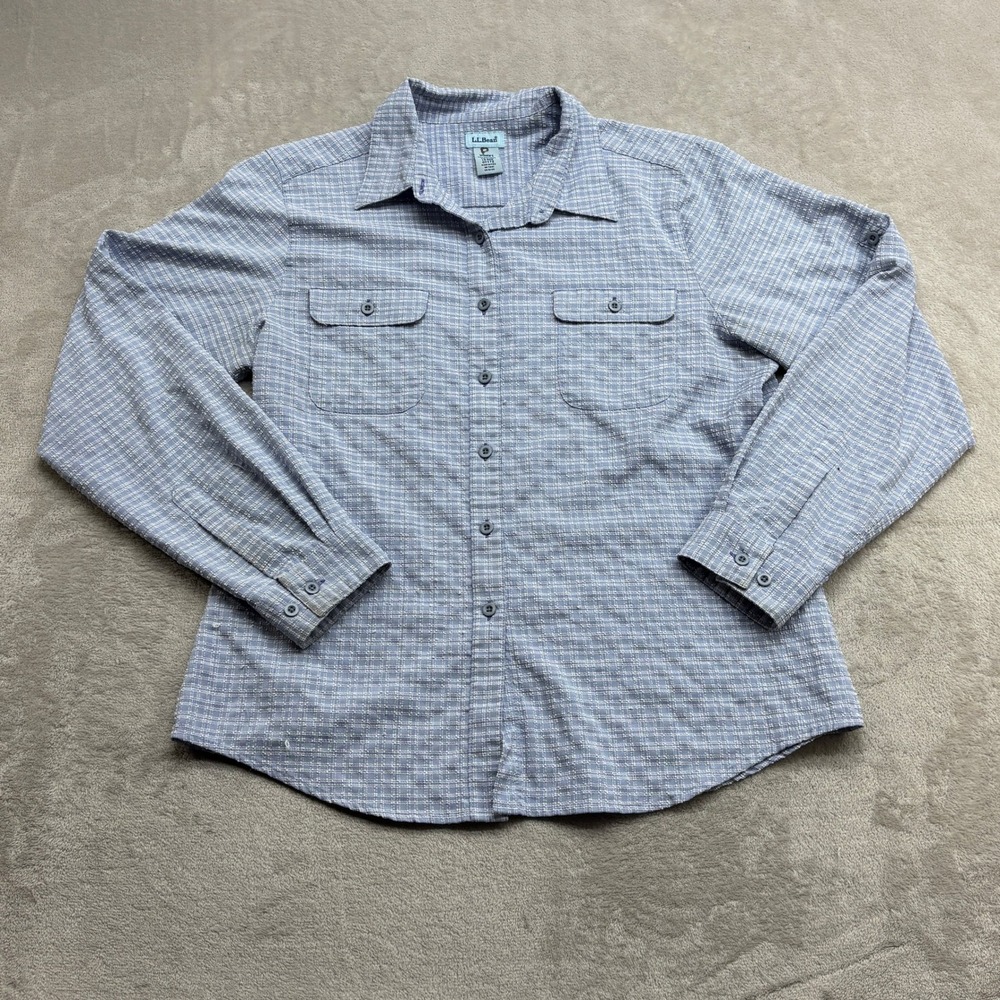 LL Bean Button Up Shirt Womens L Blue Textured Grid Granola Girl Gorpcore Preppy